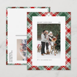 Cartão Postal De Festividades Padrão de Xadrez Verde Clássico Foto de Natal Feli