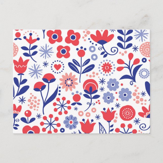 Cartão Postal De Festividades Padrão Floral Azul e Coral (Frente)