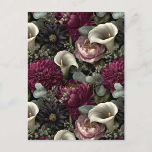 Cartão Postal De Festividades Padrão Floral Moody com Dahlias e Lily Calla