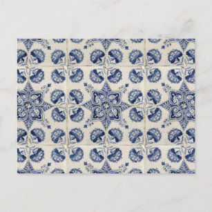 Cartão Postal De Festividades Padrão Geométrico do Flor Branco Azul-Vintage