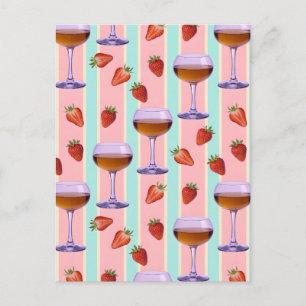 Cartão Postal De Festividades Padrão Pastel com Copos de Vinho e Morangos