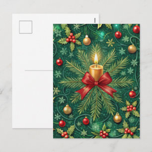 Cartão Postal De Festividades Padrão Verde Vela Dourada Flor Poinsettia