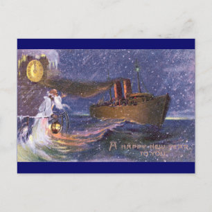 Cartão Postal De Festividades Padre Time & Steamship Vintage Ano Novo
