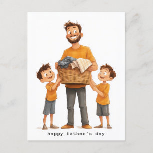 Cartão Postal De Festividades Pai e Filhos Fazendo Lavagem