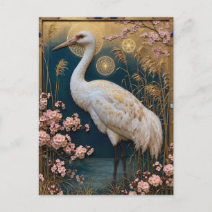 Cartão Postal De Festividades Painel da Garça Art Nouveau com Flor de Cerejeira