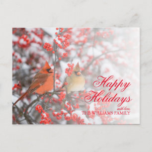 Cartão Postal De Festividades Pair of Cardinals Resting on Winterberry Branches