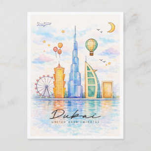 Cartão Postal De Festividades Paisagem de Dubai em Aquarela Arte da Cidade do