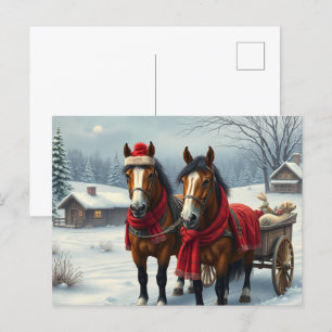 Cartão Postal De Festividades Paisagem de inverno com Cavalos e Cabina