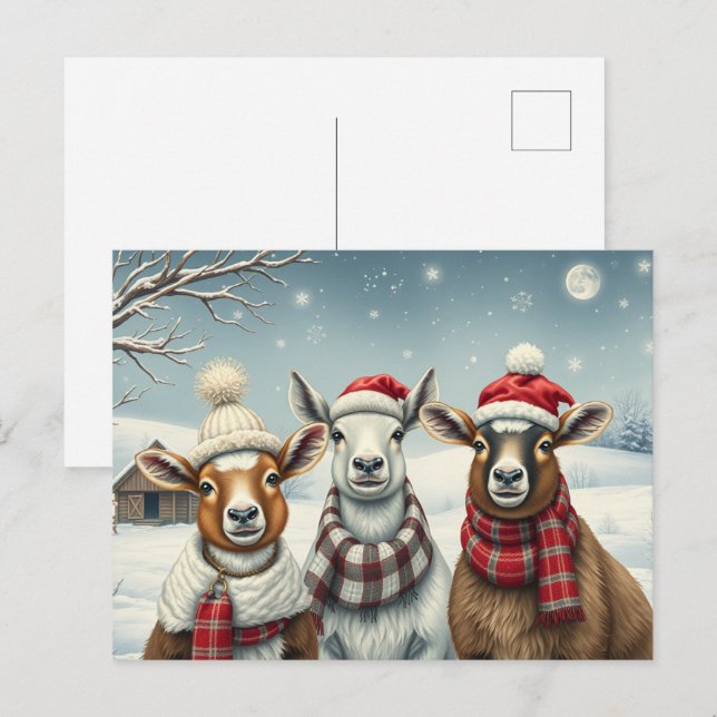 Cartão Postal De Festividades Paisagem de inverno com ovelha e cabine (Frente/Verso)