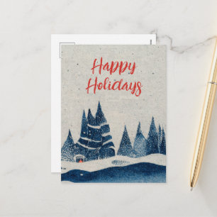 Cartão Postal De Festividades Paisagem de Inverno Floresta Desenho Azul Marinho