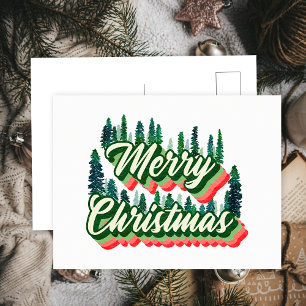 Cartão Postal De Festividades Paisagem de Pinheiros Groovy Foto Retro Natal
