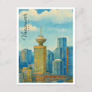 Cartão Postal De Festividades Paisagem de Vancouver Canadá Aquarela Vintage