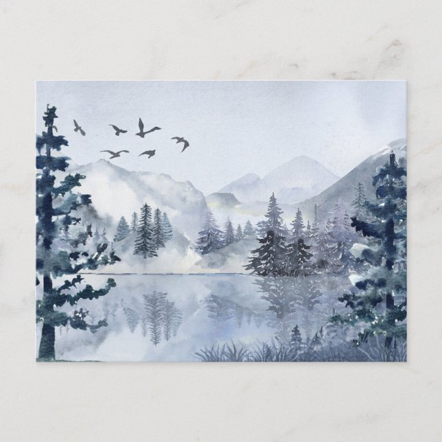 Cartão Postal De Festividades Paisagem do lago das montanhas de aquarela (Frente)