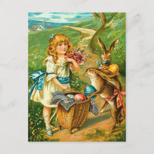 Cartão Postal De Festividades Paisagem floral da menina & da páscoa do vintage