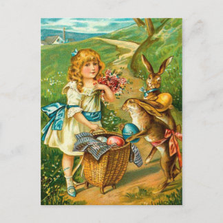 Cartão Postal De Festividades Paisagem floral da menina & da páscoa do vintage