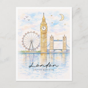 Cartão Postal De Festividades Paisagem urbana de Londres em aquarela Reino Uni