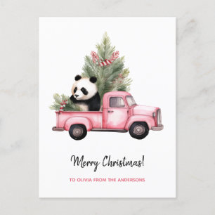 Cartão Postal De Festividades Panda bonita no Natal de caminhonete rosa