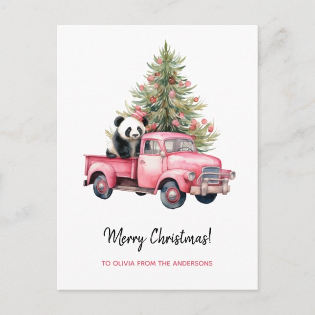 Cartão Postal De Festividades Panda na árvore de Natal de Caminhão Rosa-Rosa (Frente)