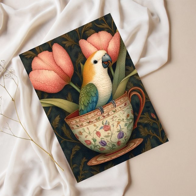 Cartão Postal De Festividades Papagaio em Teacup com Tulipas (Criador carregado)
