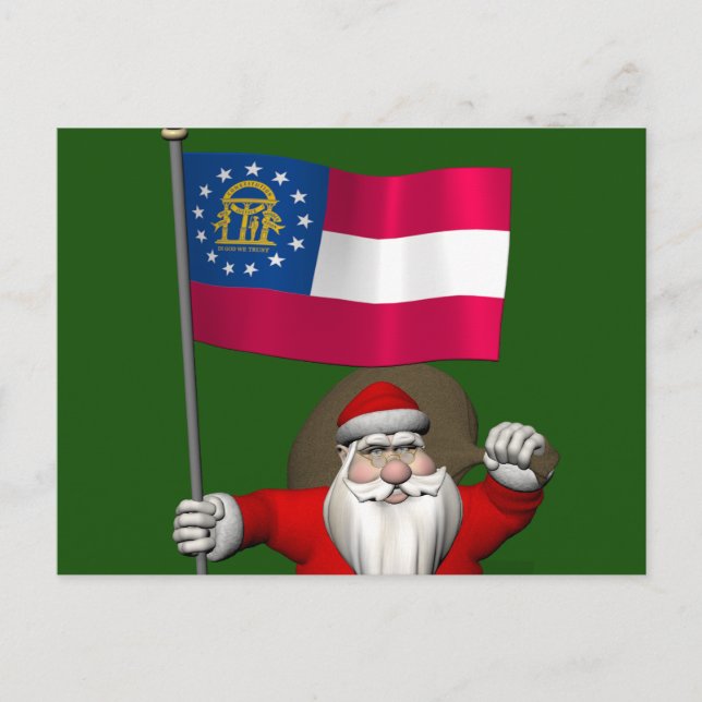 Cartão Postal De Festividades Papai Noel Acenando Bandeira Da Geórgia (Frente)