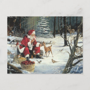 Cartão Postal De Festividades Papai Noel Alimentando Os Animais