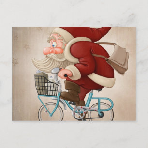 Cartão Postal De Festividades Papai Noel anda de bicicleta
