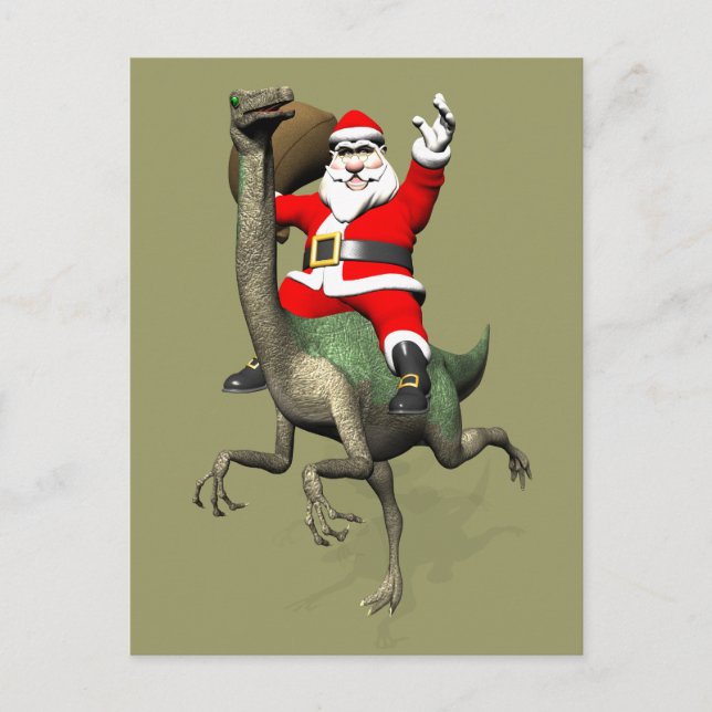 Cartão Postal De Festividades Papai Noel Andando Em Gallimimus (Frente)
