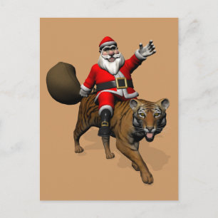 Cartão Postal De Festividades Papai Noel Andando Um Tigre