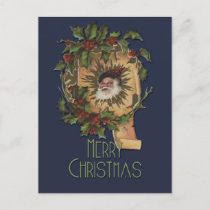 Cartão Postal De Festividades Papai Noel Antigo Natal Azevinho Natal