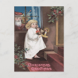 Cartão Postal De Festividades Papai Noel Brinquedos Menina Bonita Azevinho