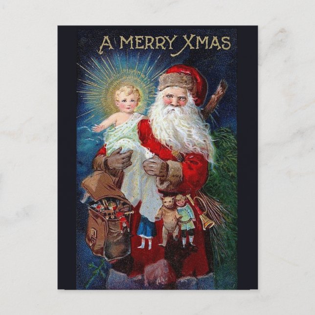 Cartão Postal De Festividades Papai Noel com Criança Cristo (Frente)