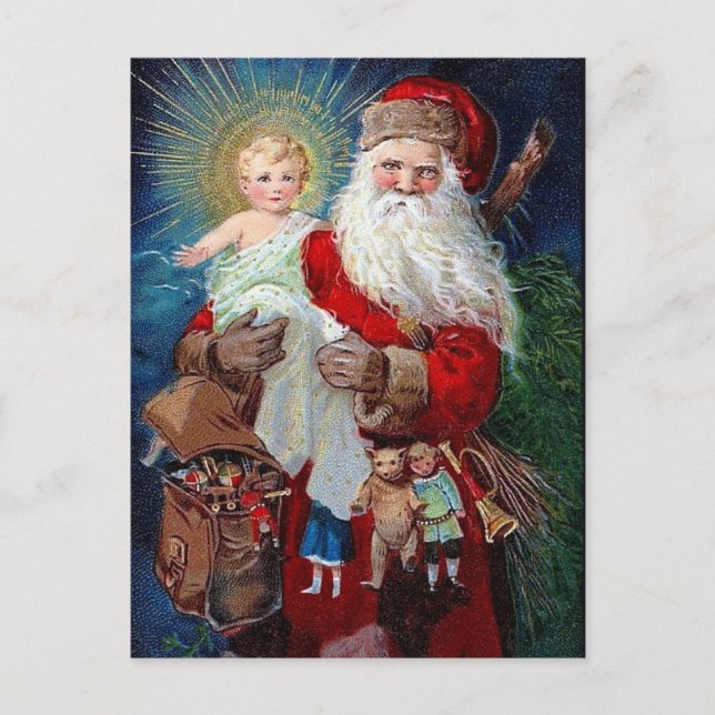 Cartão Postal De Festividades Papai Noel com Criança Cristo (Frente)