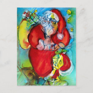 Cartão Postal De Festividades Papai Noel com lanterna na noite de Natal