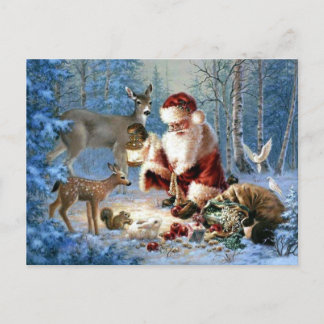 Cartão Postal De Festividades Papai Noel com vida selvagem