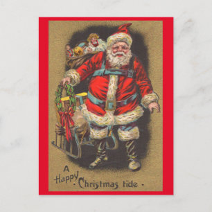 Cartão Postal De Festividades Papai Noel de 1915 com seu trenó e brinquedos