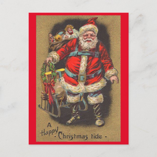 Cartão Postal De Festividades Papai Noel de 1915 com seu trenó e brinquedos (Frente)