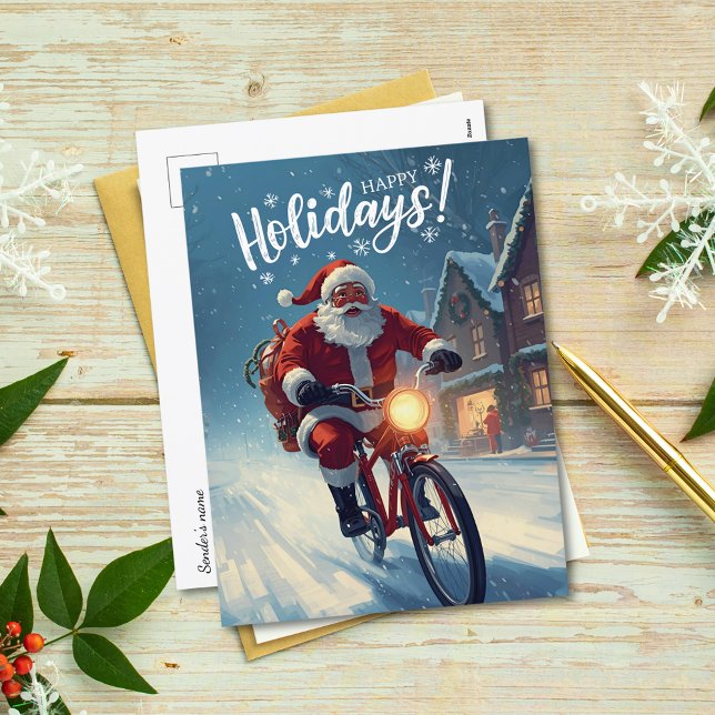 Cartão Postal De Festividades Papai Noel de Aquarela Bonito de Bicicleta Natal  (Criador carregado)