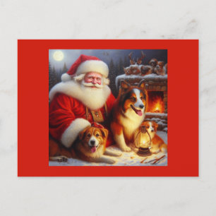 Cartão Postal De Festividades Papai Noel de Natal com Cães 1