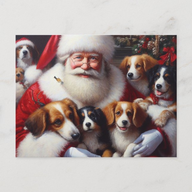 Cartão Postal De Festividades Papai Noel de Natal com Cães 2 (Frente)