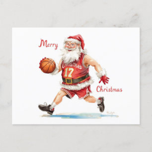 Cartão Postal De Festividades Papai Noel de Natal de basquete jogando