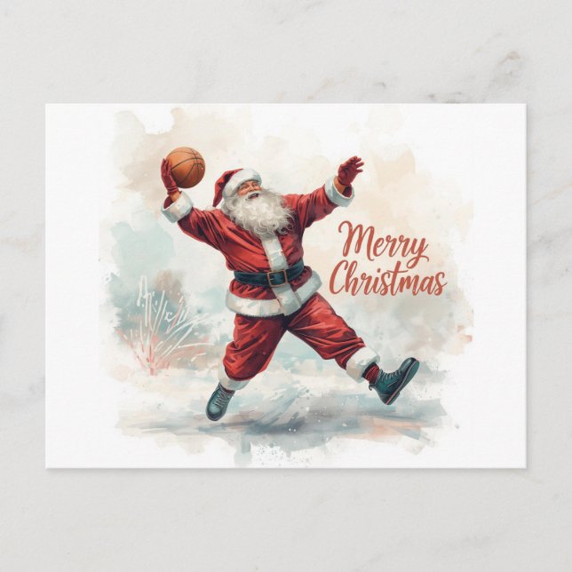 Cartão Postal De Festividades Papai Noel de Natal de basquete jogando (Frente)