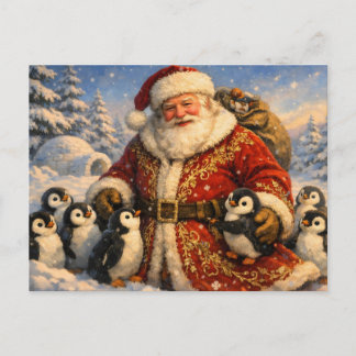 Cartão Postal De Festividades Papai Noel de Natal Vintage com Pinguins