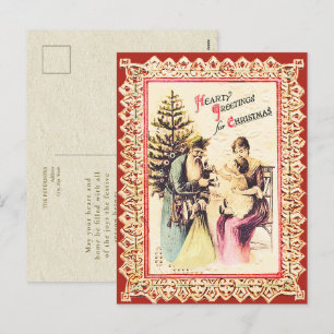 Cartão Postal De Festividades Papai Noel de Natal Vintage Fofo com Família