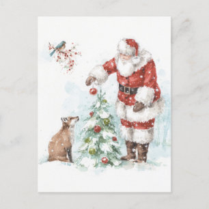 Cartão Postal De Festividades Papai Noel Decorando uma Árvore com seus Amigos da