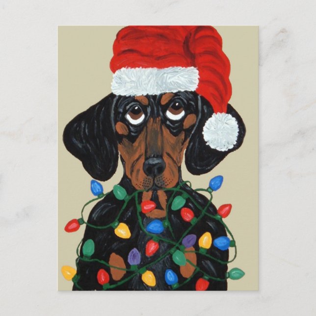 Cartão Postal De Festividades Papai noel do Dachshund Tangled em luzes de Natal (Frente)