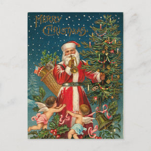 Cartão Postal De Festividades Papai noel do vintage e árvore de Natal