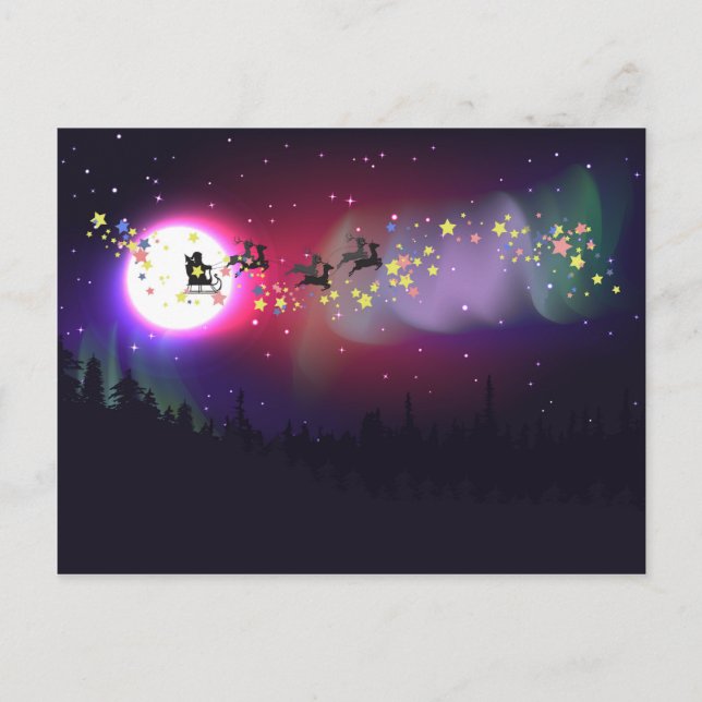Cartão Postal De Festividades Papai noel do vôo sobre a Aurora Borealis (Frente)