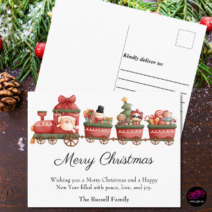 Cartão Postal De Festividades Papai Noel e Amigos Trem de Natal Fofo