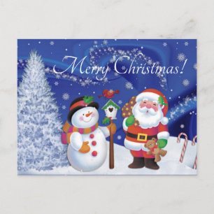 Cartão Postal De Festividades Papai Noel e boneco de neve