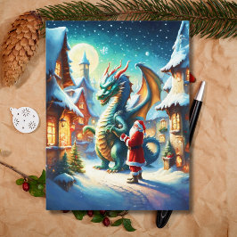Cartão Postal De Festividades Papai Noel e Dragão no Polo Norte no Natal ai